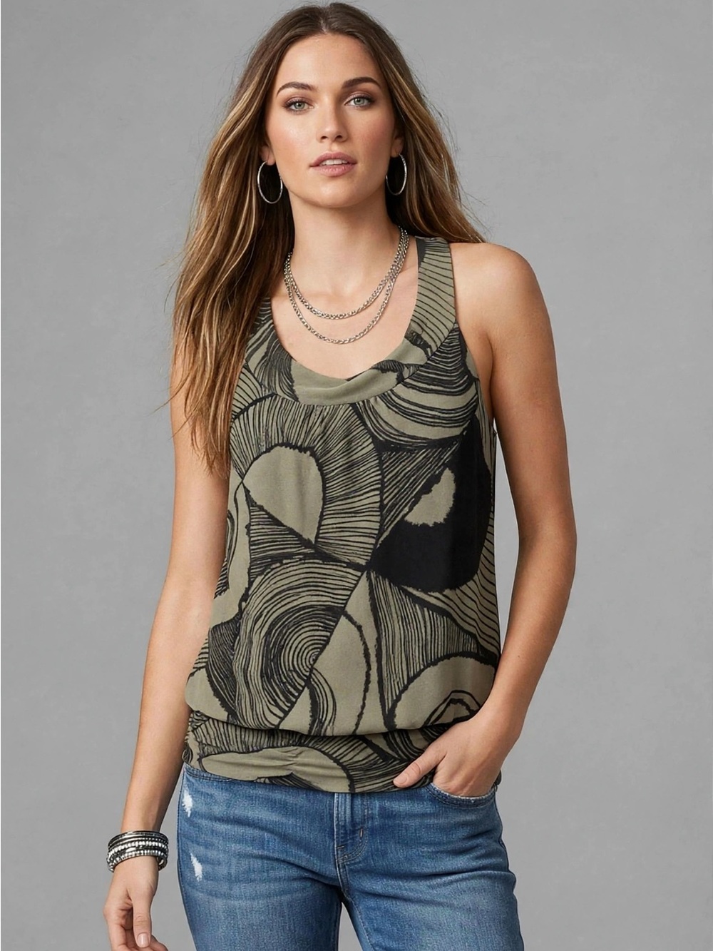 Y2K Anthropologie Weston Wear Mesh Tank L Blouson Agate Olive Green Black USA